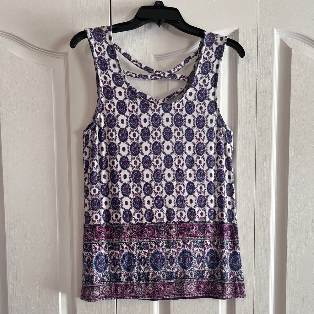 EUC Loveappella Cheyene cross back knit top purple multi L